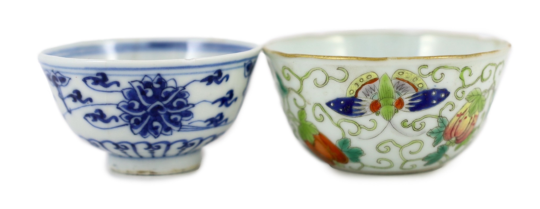 A Chinese enamelled porcelain ‘butterfly and melon’ cup, Republic period and a Chinese blue and white ‘lotus’ cup, late 19th century, (2)